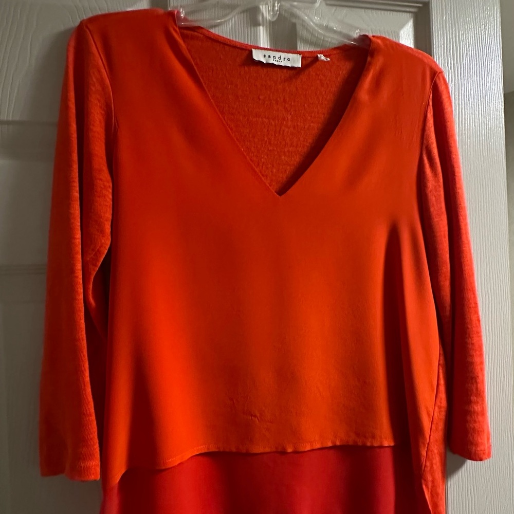 Sandro silk and soft knit layered bottom V-neck top